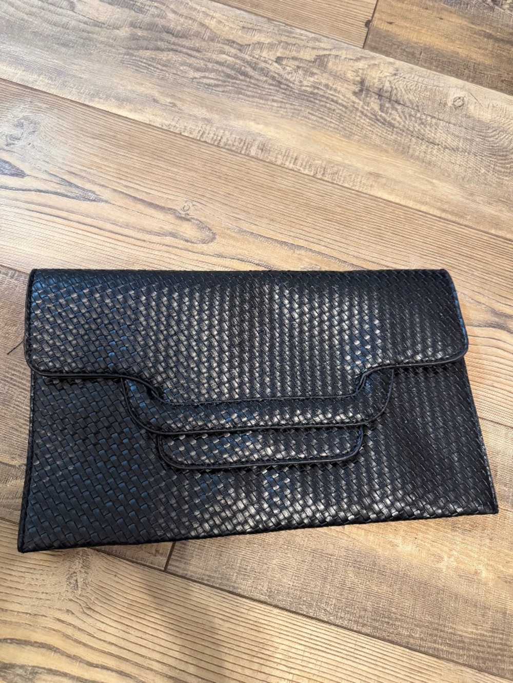 Mix No6 Black Woven Pattern Clutch Flap Closure Gold Chain Shoulder Strap Lined